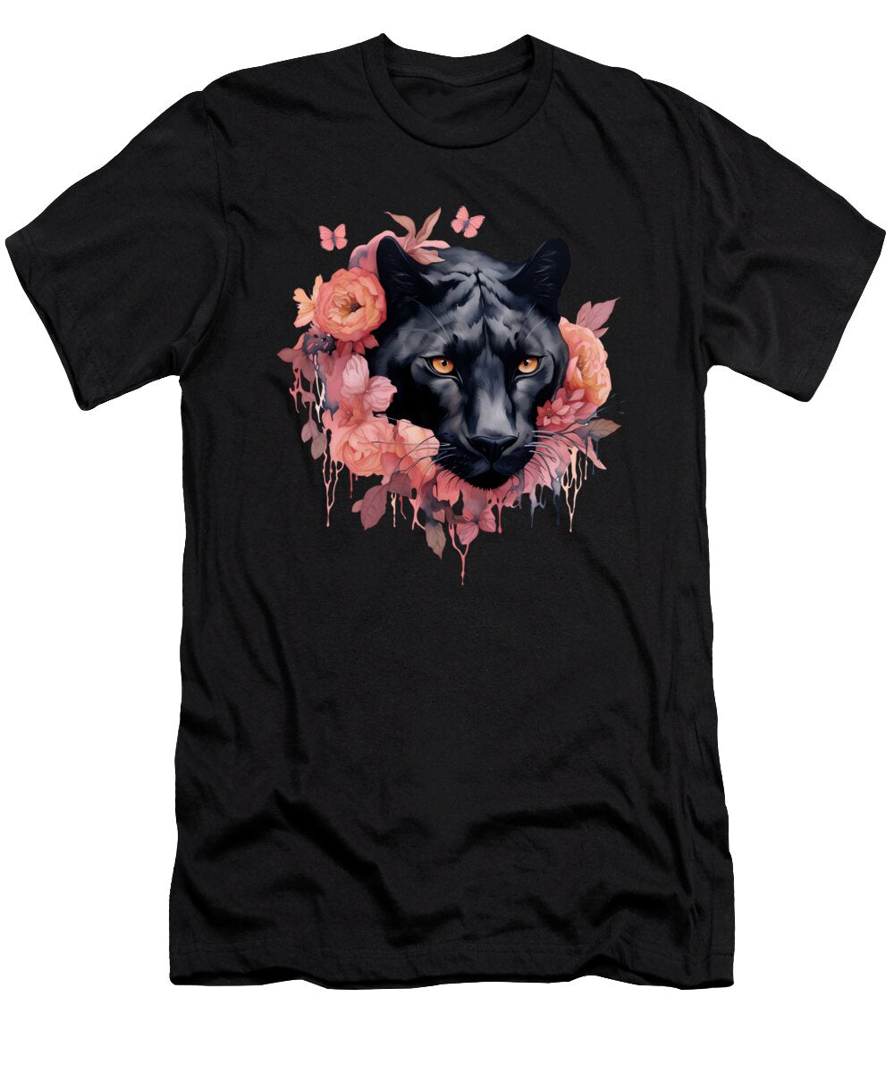 1 Black Panther Cat Pastel Flowers Safari Watercolor Heidi Joyce T-Shirt