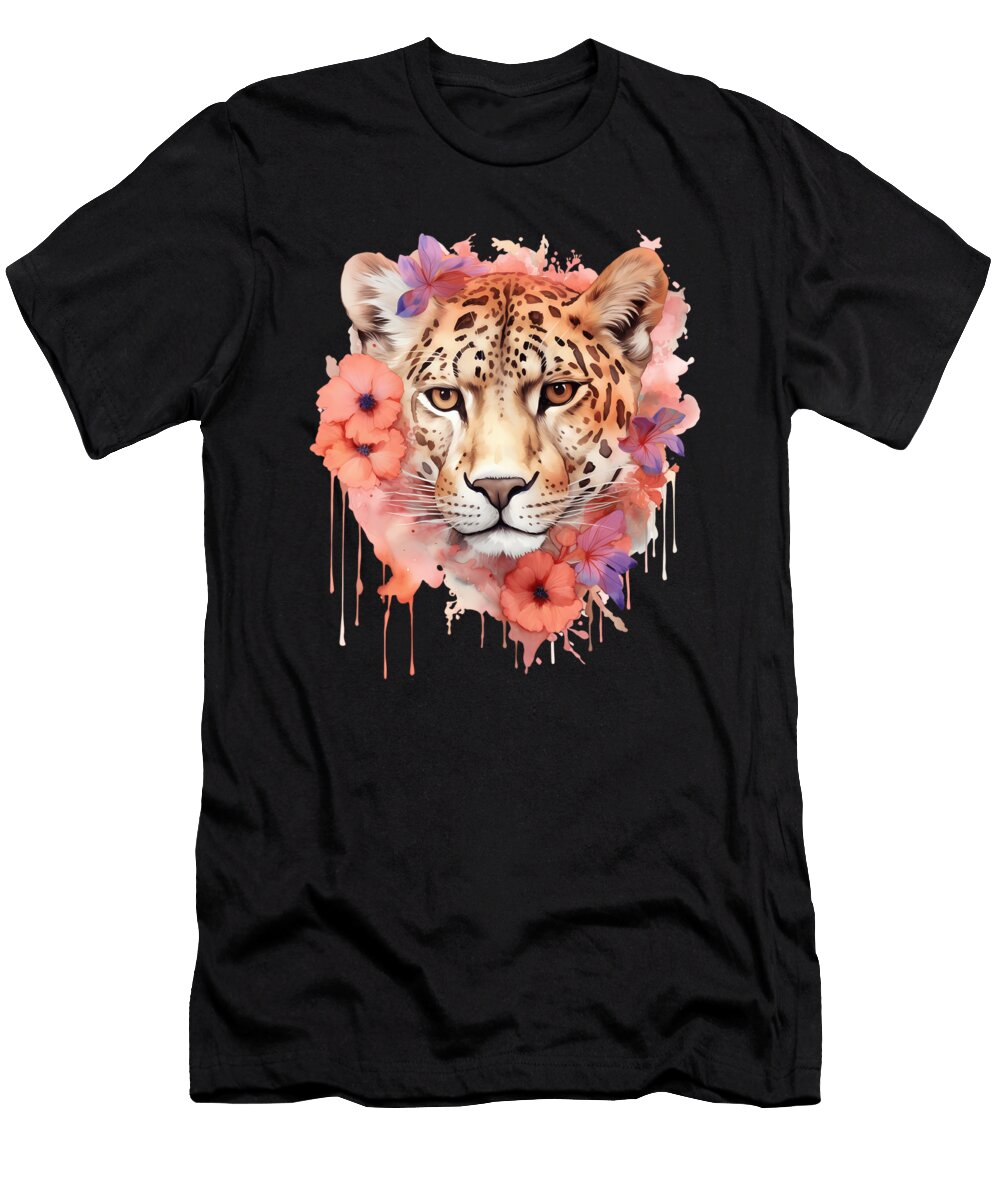 2 African Leopard Pastel Flowers Safari Watercolor Heidi Joyce T-Shirt