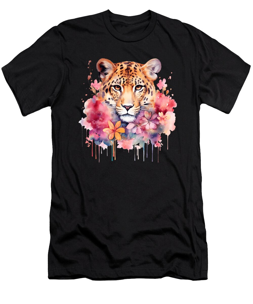 African Leopard Pastel Flowers Safari Watercolor Heidi Joyce T-Shirt
