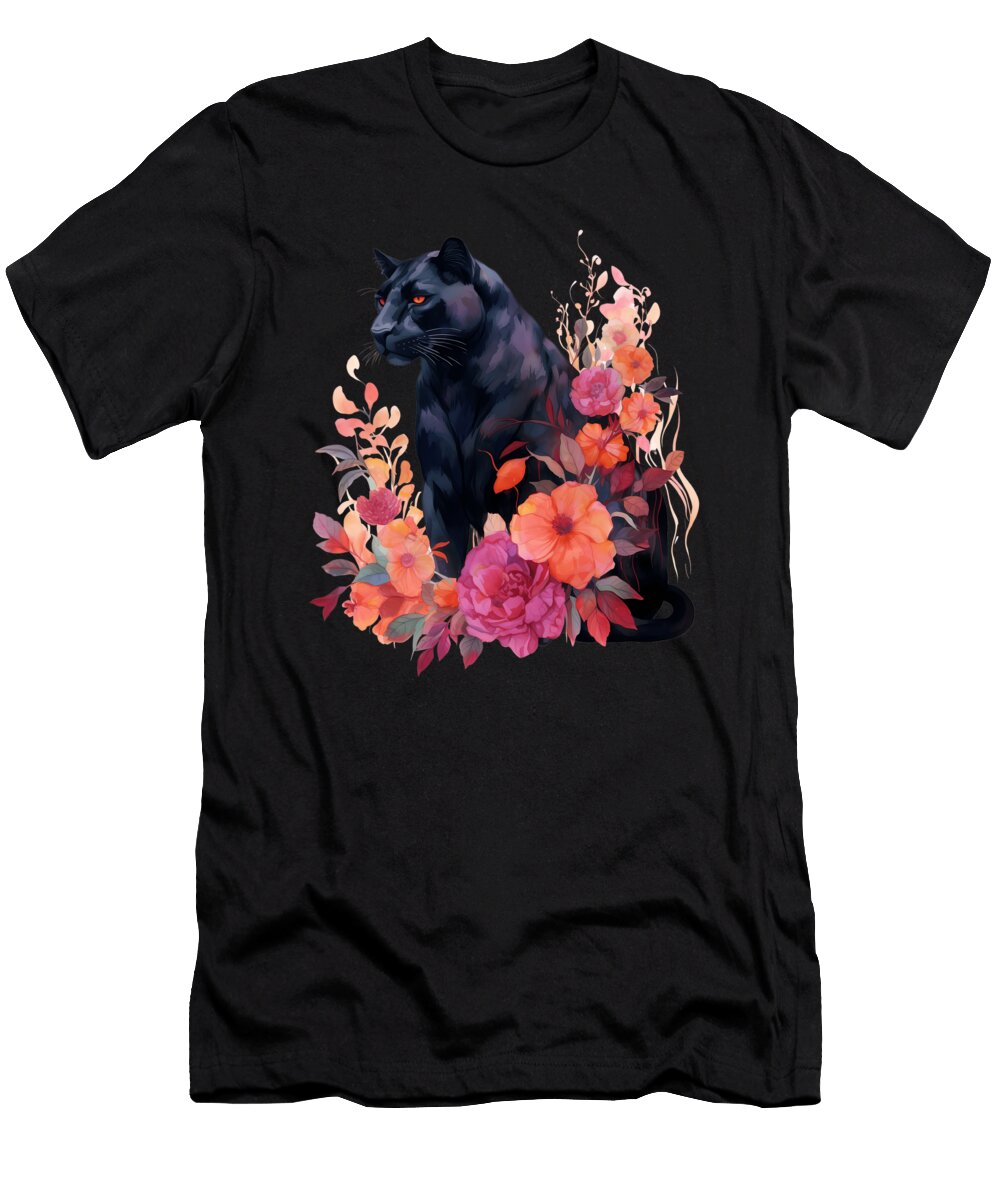 Black Panther Cat Pastel Flowers Safari Watercolor Heidi Joyce T-Shirt