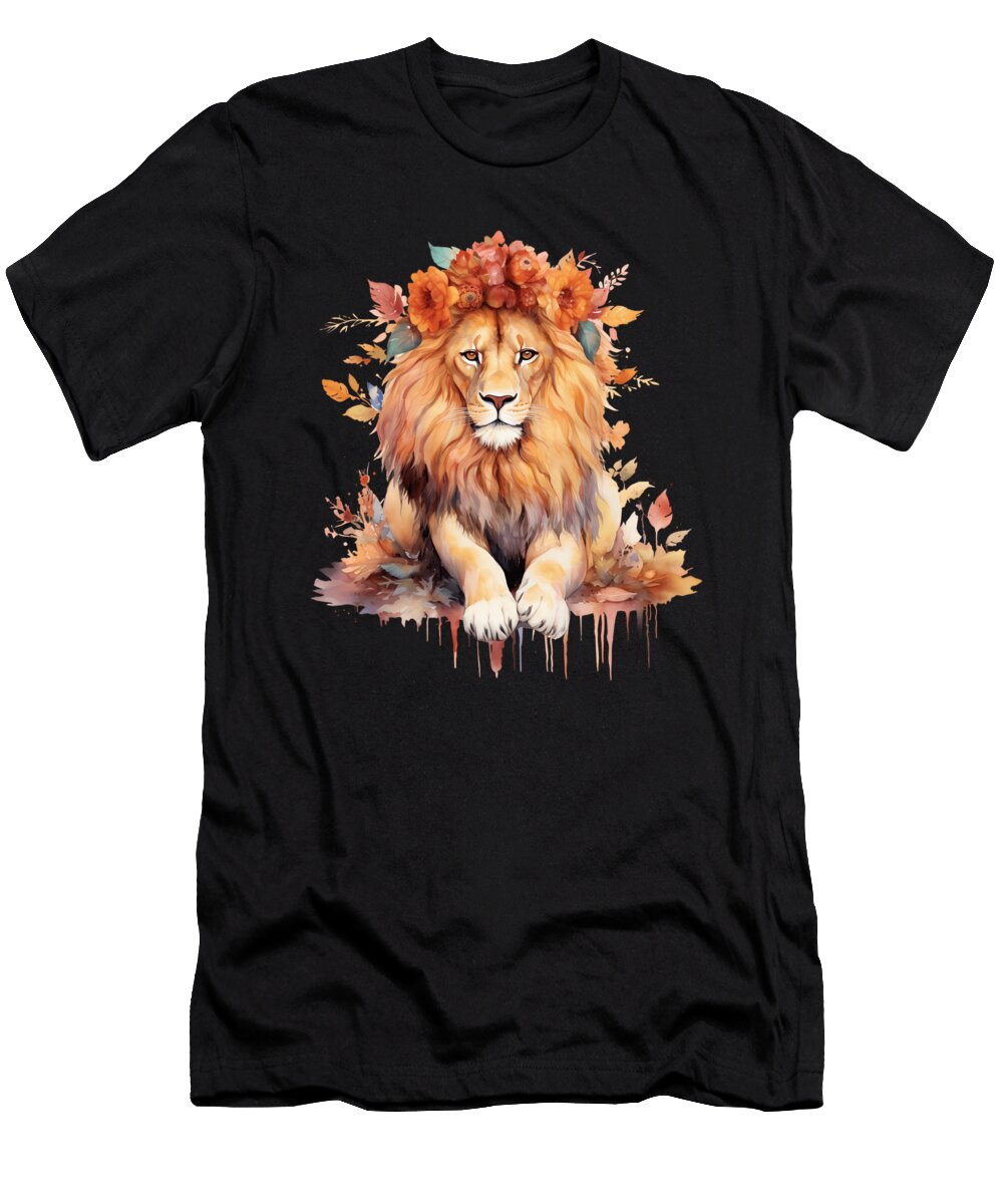 Lion Pastel Flowers Safari Watercolor Savannah Cat Heidi Joyce T-Shirt